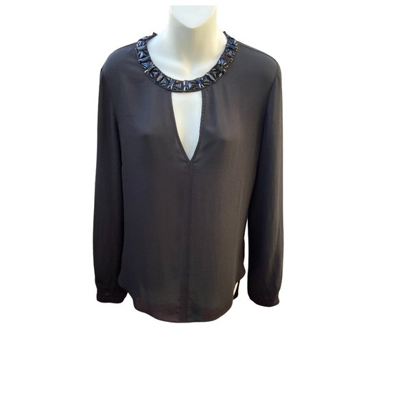BCBGMaxAzria Open Back Jewel Beaded Embellished Georgette Blouse Black Size S - Picture 2 of 7